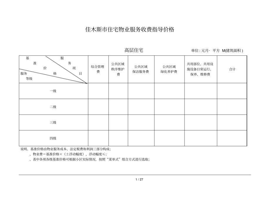 佳木斯住宅物业服务收费指导价格_第1页