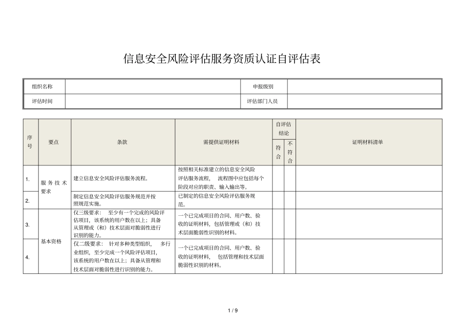 信息安全风险评价服务资质认证自评价表_第1页