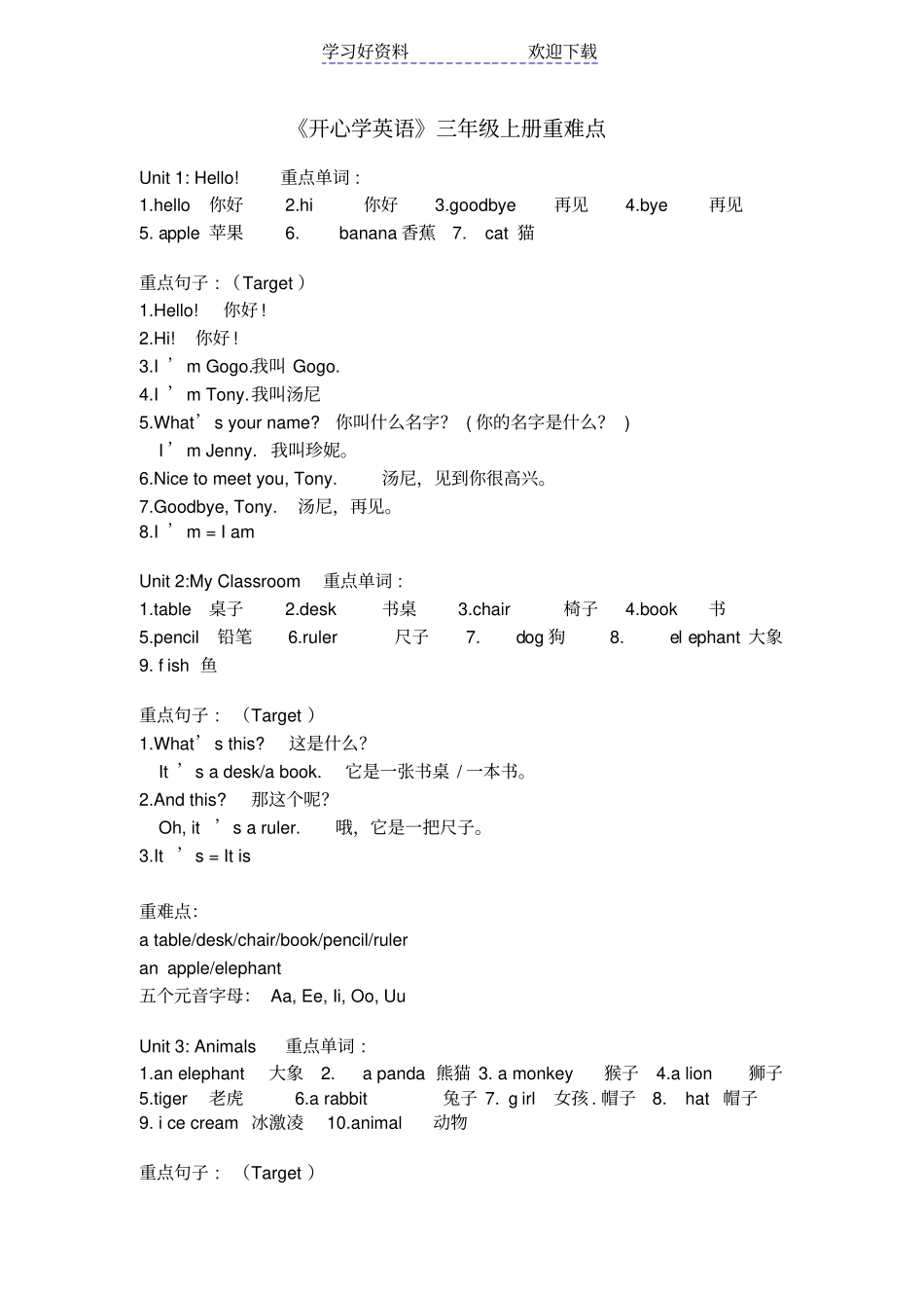 修订版开心学英语三年级上册重难点_第1页