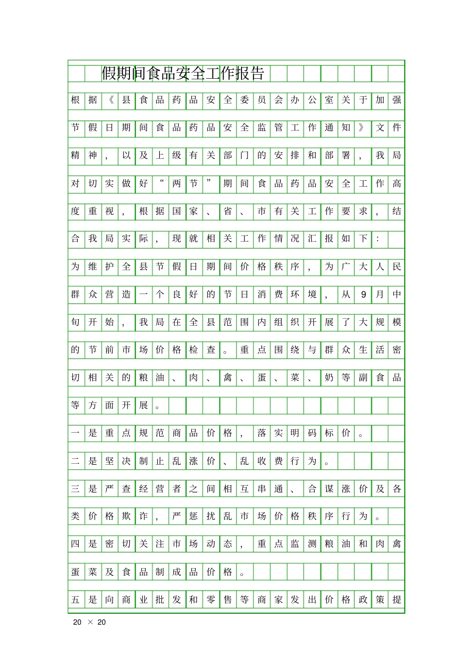 假期间食品安全工作报告精品工作报告_第1页
