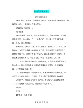 偷钱保证书范文