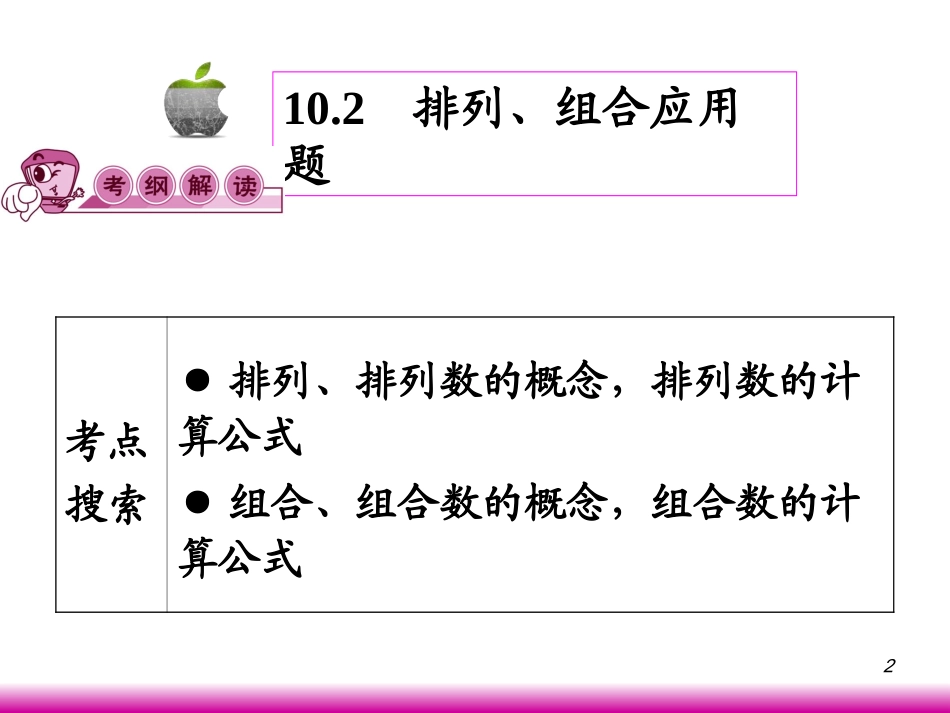 高考数学第一轮总复习10.2排列、组合应用题(第1课时)课件 文 (广西专版) 课件_第2页