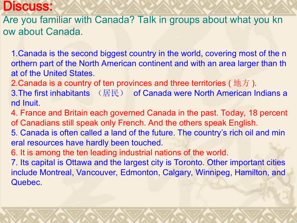 高一英语(Unit5 Canada— The True North ：Warming up , Pre-reading and Reading)课件_第3页