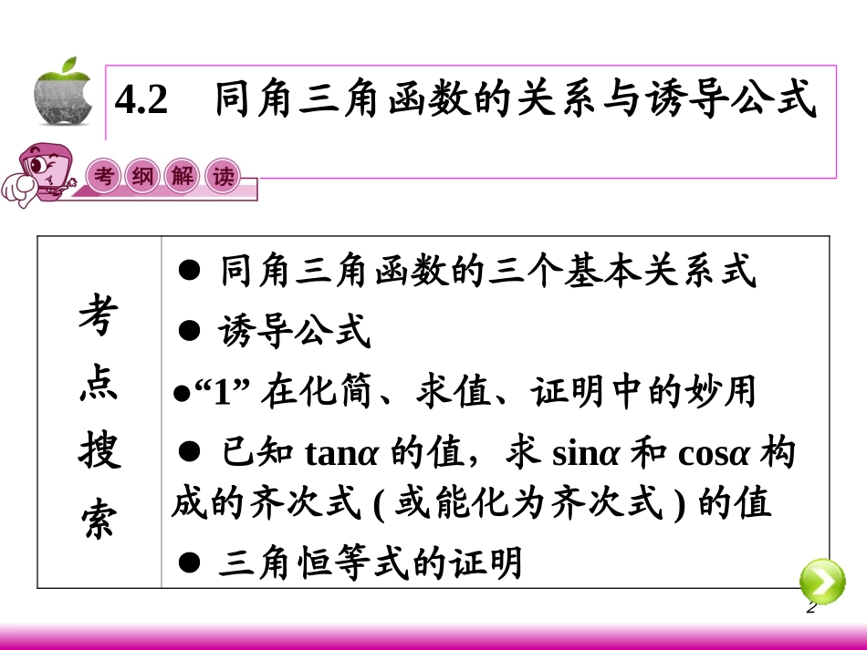 高考数学第一轮总复习4.2同角三角函数的关系与诱导公式课件 文 (广西专版) 课件_第2页