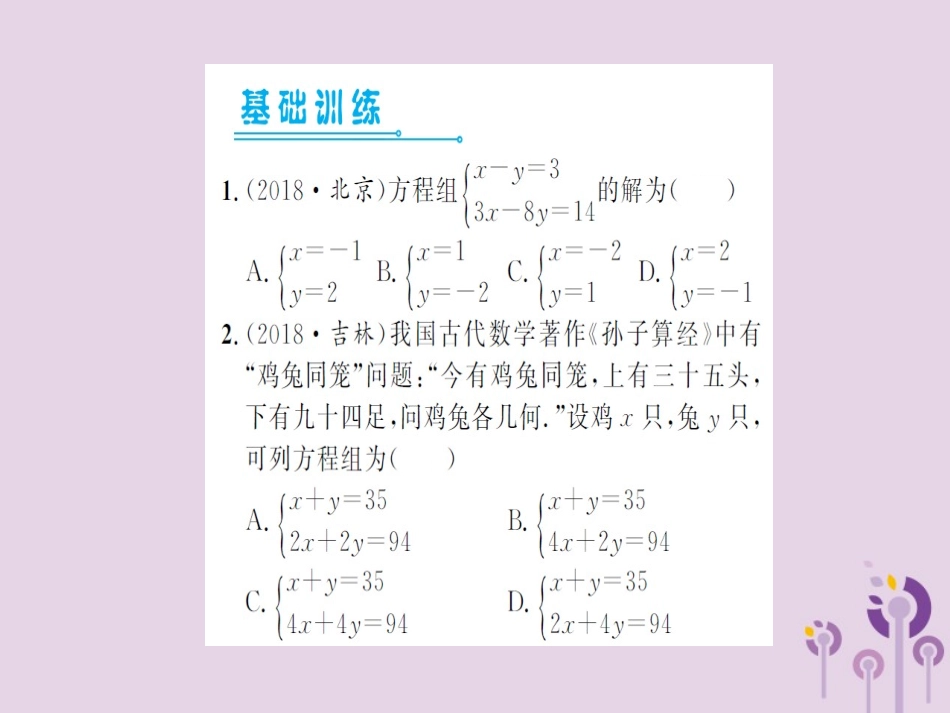 湖北省中考数学一轮复习 第二章 方程与不等式 第一节 一次方程(组)(习题提升)课件_第2页