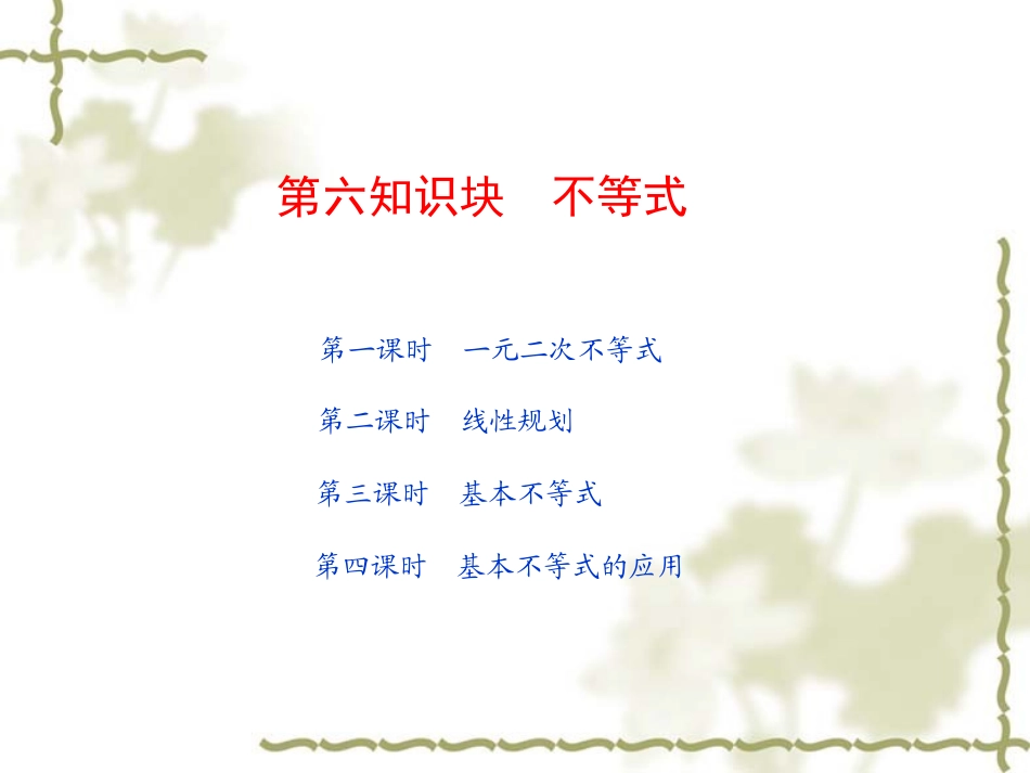 高考数学第一轮复习精品课件包：第六知识块  不等式(共4课时，91精美PPT)苏教版 课件_第1页