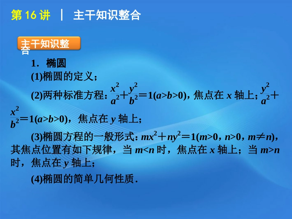 高考数学二轮复习 专题5第16讲 圆锥曲线的定义方程与性质精品课件 新课标版 课件_第2页