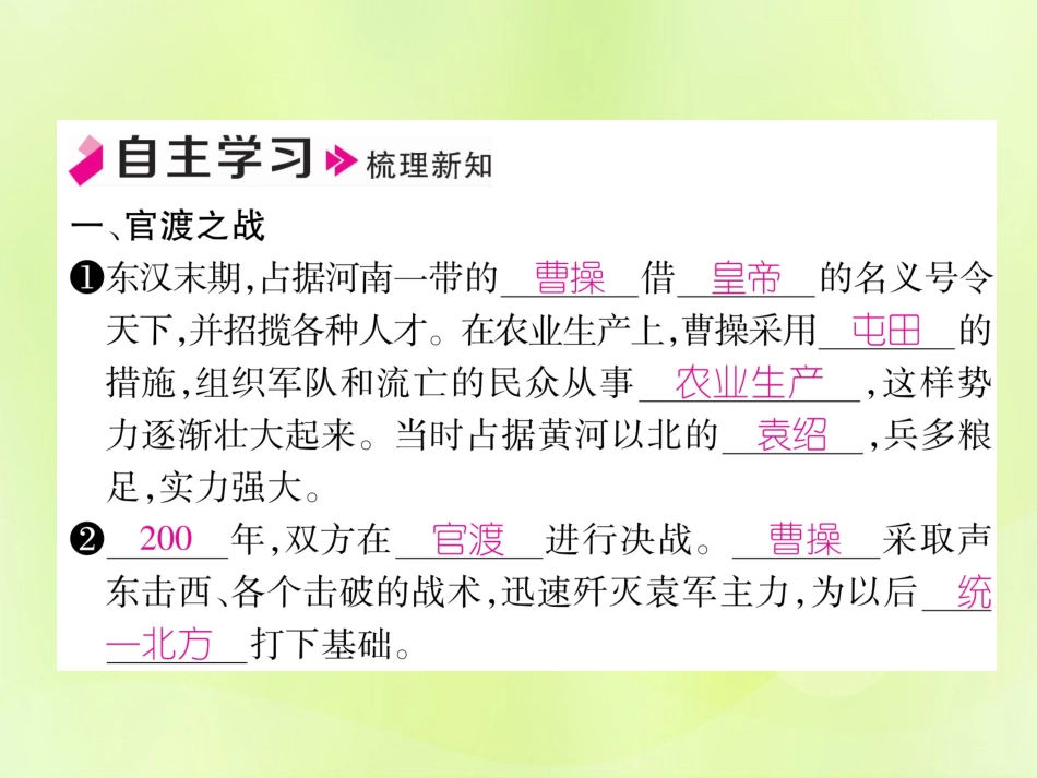 秋七年级历史上册 第4单元 三国两晋南北朝时期 政权分立与民族交融 第16课 三国鼎力作业课件 新人教版 课件_第2页