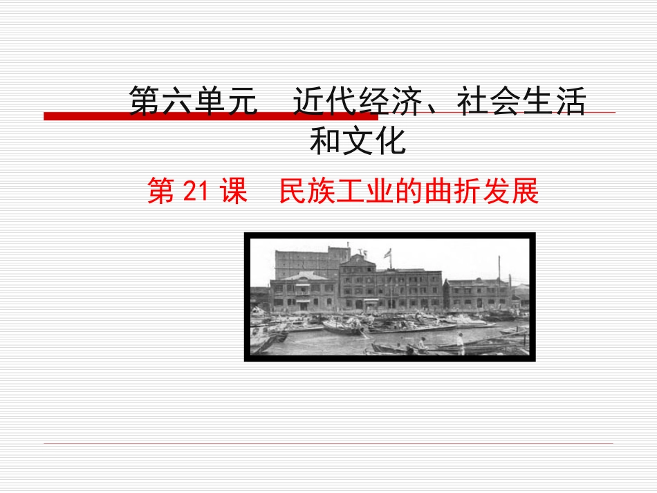 第21课  民族工业的曲折发展课件 八年级历史上册 第6单元 近代经济、社会生活和文化 第21课 民族工业的曲折发展课件+素材 岳麓版 八年级历史上册 第6单元 近代经济、社会生活和文化 第21课 民族工业的曲折发展课件+素材 岳麓版-2_第1页