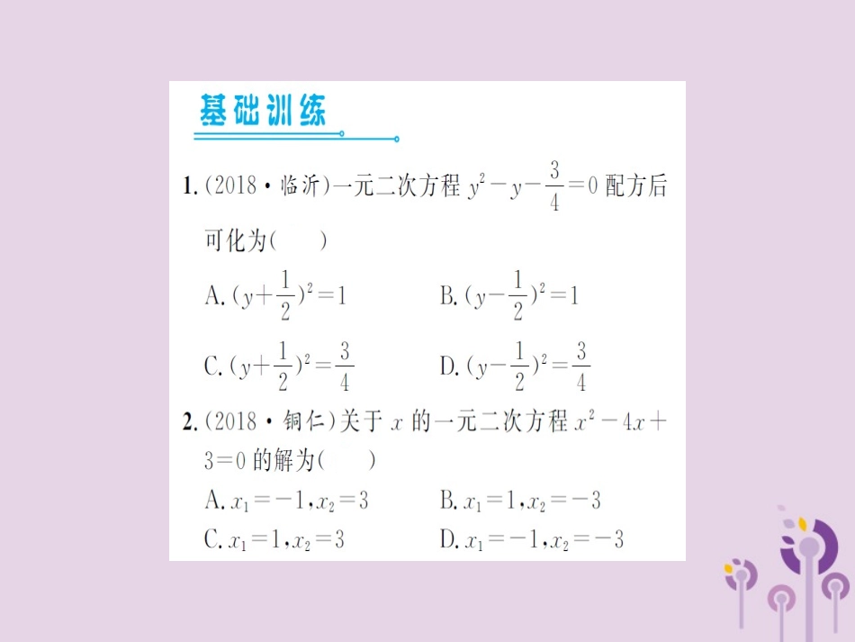 湖北省中考数学一轮复习 第二章 方程与不等式 第二节 一元二次方程及其应用 第1课时 一元二次方程的解法及其实际应用(习题提升)课件_第2页