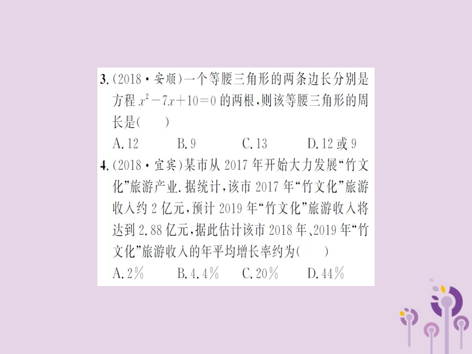 湖北省中考数学一轮复习 第二章 方程与不等式 第二节 一元二次方程及其应用 第1课时 一元二次方程的解法及其实际应用(习题提升)课件_第3页