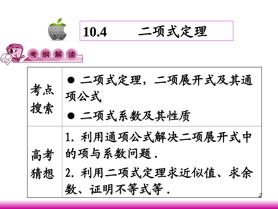 高考数学第一轮总复习10.4二项式定理(第1课时)课件 文 (广西专版) 课件_第2页