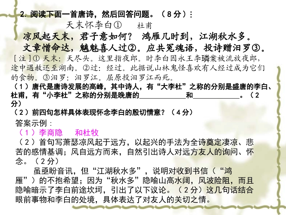 高考诗歌鉴赏模拟训练题课件 新课标 人教版 课件_第3页