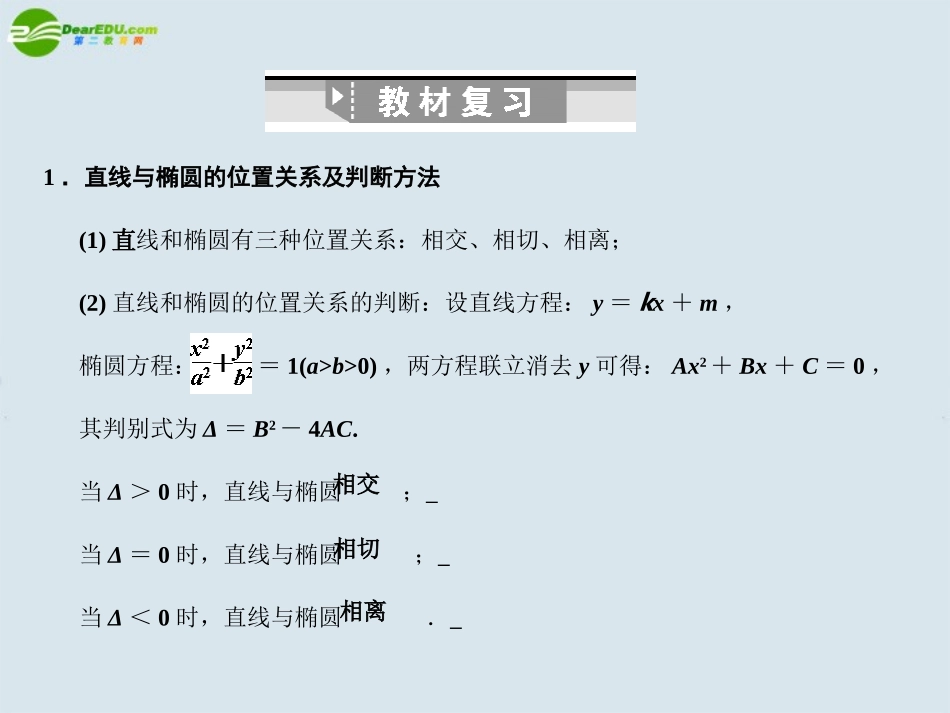 高三数学一轮复习 直线与圆锥曲线的位置关系课件 北师大版 课件_第2页
