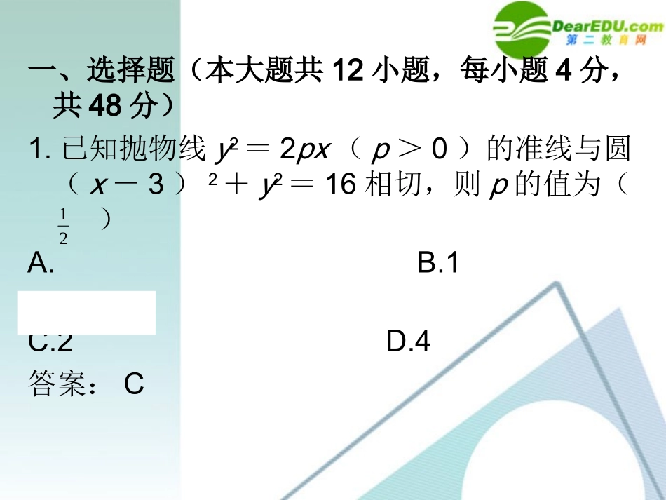 高三数学二轮复习 专题高效升级卷14 直线与圆锥曲线课件 文 新人教A版 课件_第2页