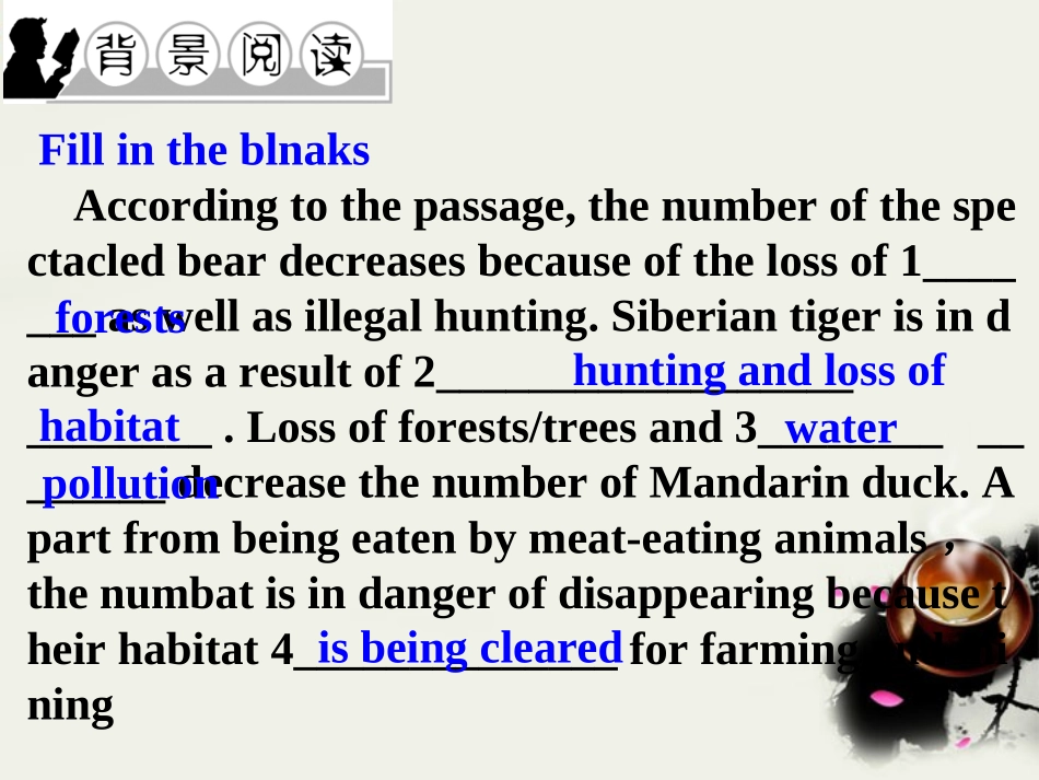 高中英语 Unit 4 Wildlife pretectionPart 1 Warming up and Pre-reading课件 新人教版必修2 课件_第2页