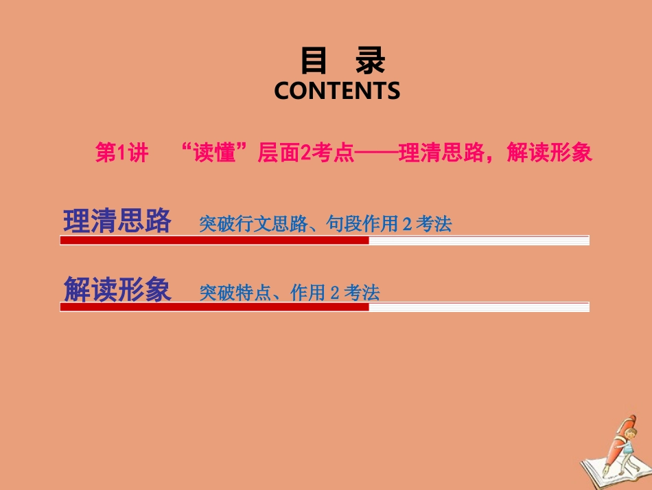 江苏专用高考语文二轮复习第二板块高考题型四散文阅读第1讲 读懂 层面2考点__理清思路解读形象课件_第2页