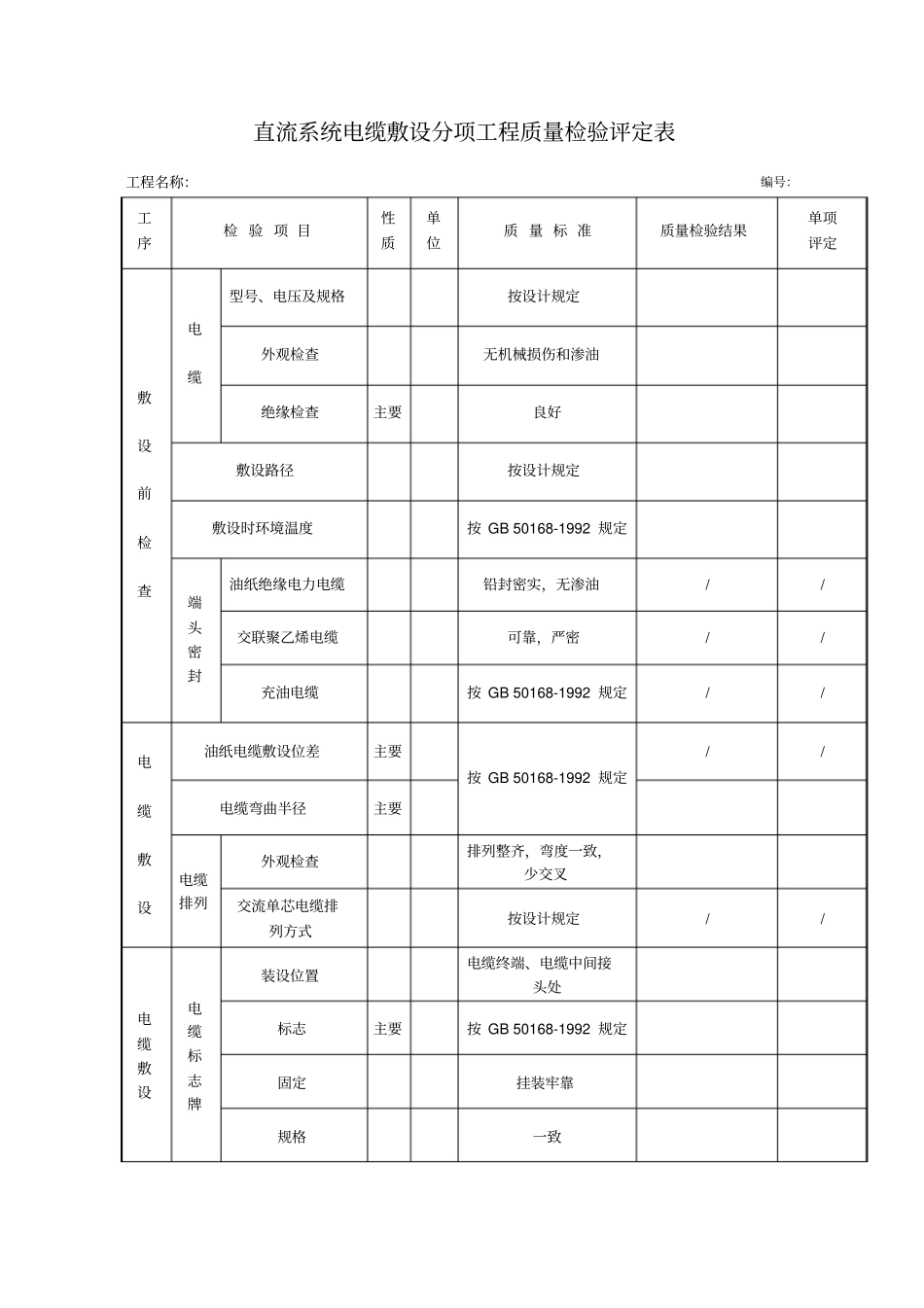 光伏工程直流系统电缆敷设分项工程质量检验评定表汇总_第1页