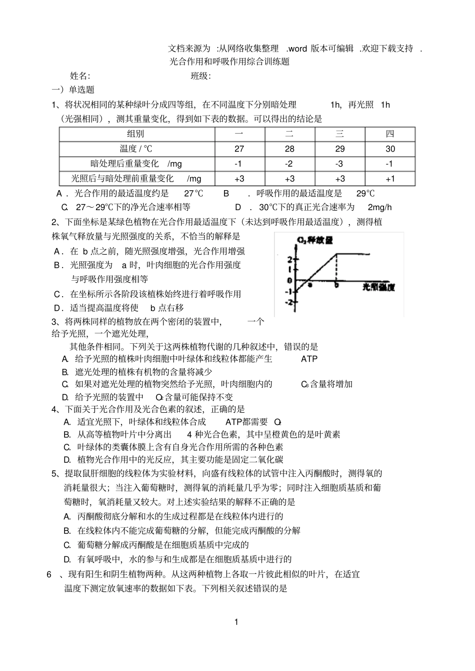 光合作用和呼吸作用综合练习题_第1页
