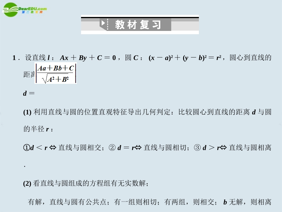 高三数学一轮复习 直线与圆、圆与圆的位置关系课件 北师大版 课件_第2页