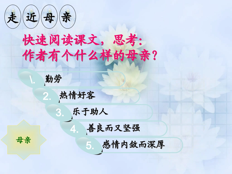 高中语文 第一单元之(我的母亲)课件 粤教版必修2 课件_第3页