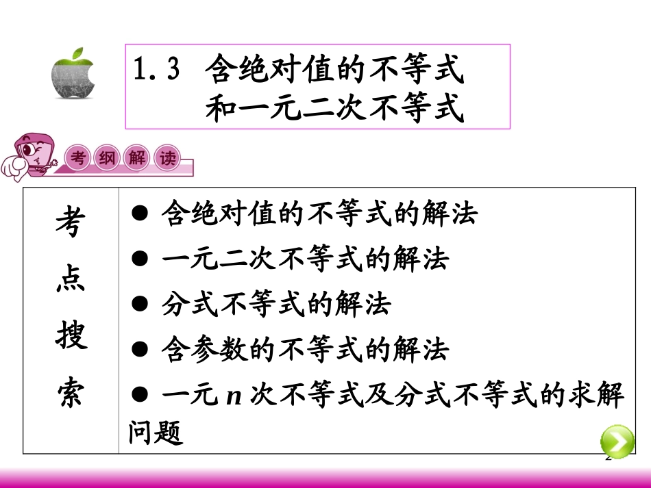 高考数学第一轮总复习1.3含绝对值的不等式和一元二次不等式(第1课时)课件 文 (广西专版) 课件_第2页