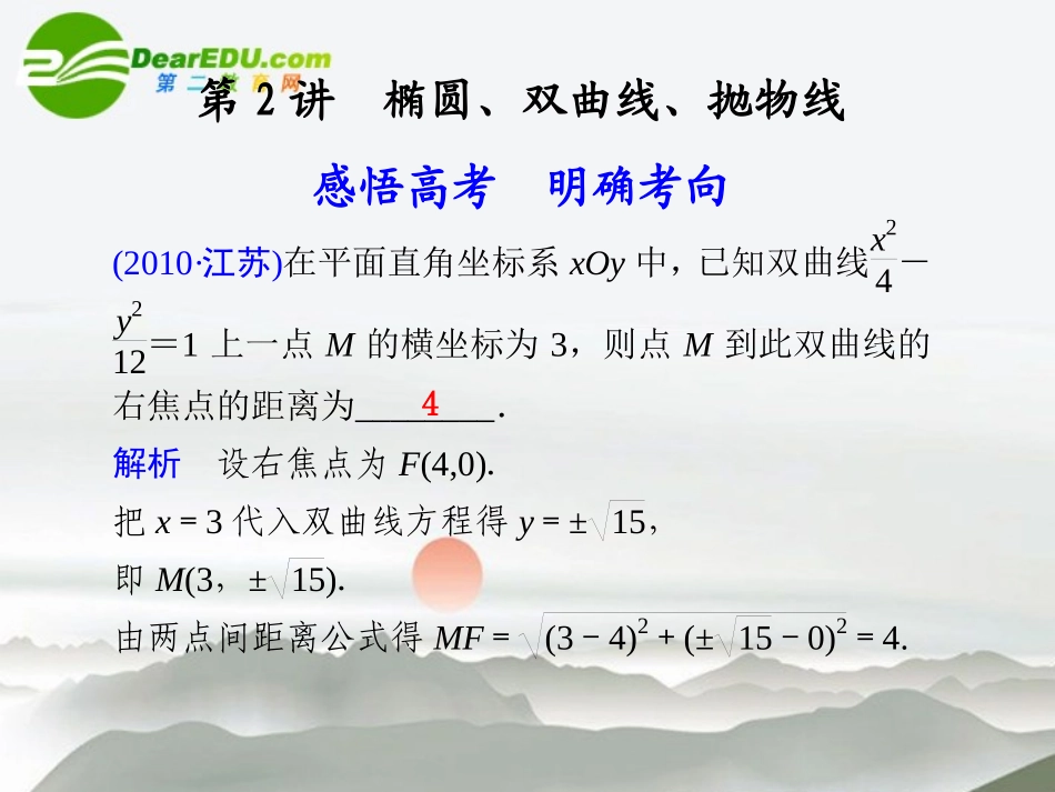 江苏专用高考数学二轮复习 专题五第2讲椭圆、双曲线、抛物线课件 文 苏教版 课件_第1页