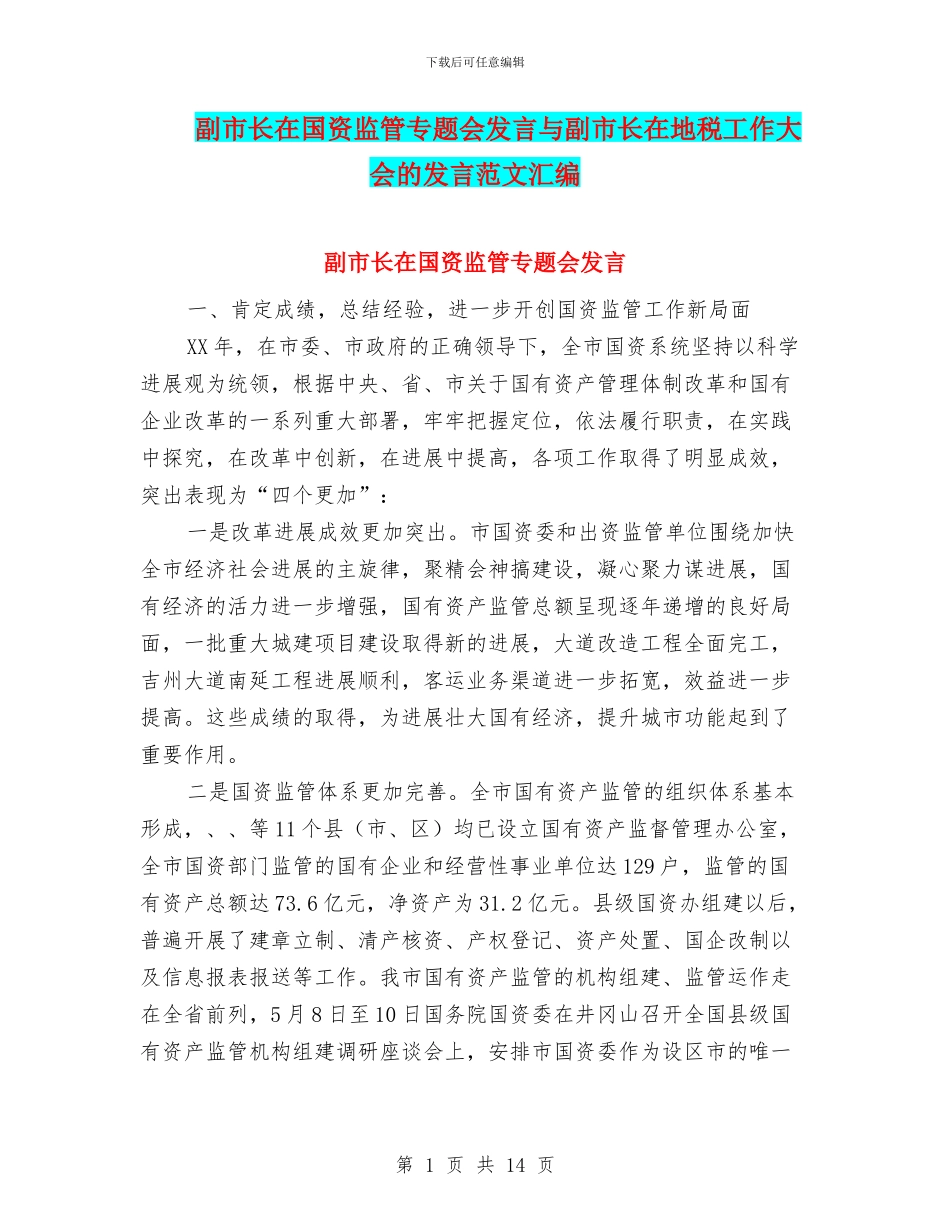 副市长在国资监管专题会发言与副市长在地税工作大会的发言范文汇编_第1页