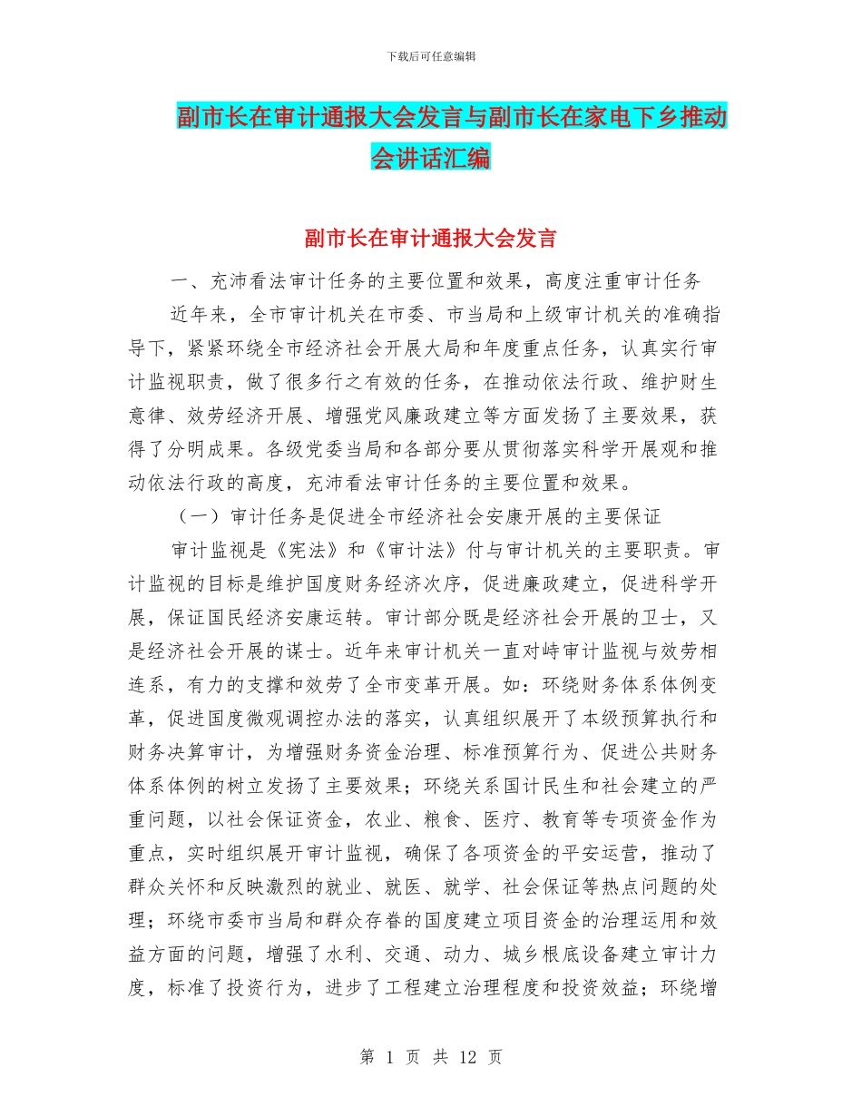 副市长在审计通报大会发言与副市长在家电下乡推进会讲话汇编_第1页