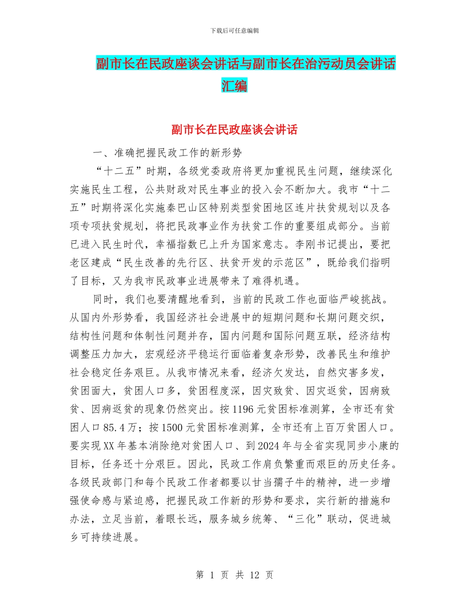 副市长在民政座谈会讲话与副市长在治污动员会讲话汇编_第1页