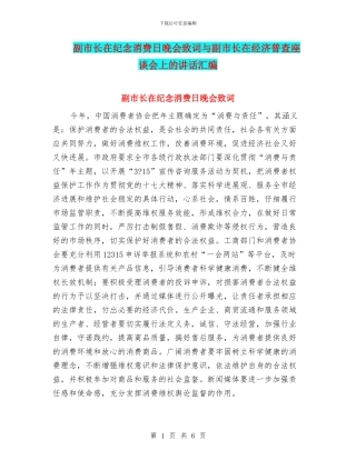 副市长在纪念消费日晚会致词与副市长在经济普查座谈会上的讲话汇编
