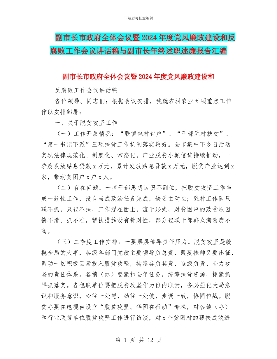 副市长市政府全体会议暨2024年度党风廉政建设和反腐败工作会议讲话稿与副市长年终述职述廉报告汇编_第1页