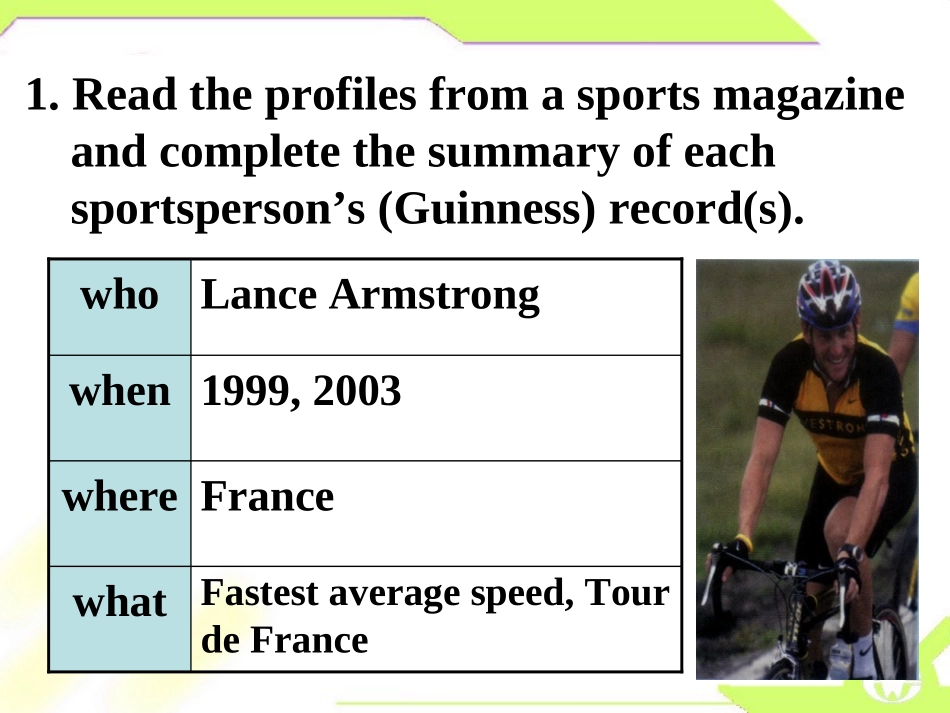 高中英语 Breaking records-Using language课件 新人教版选修9 课件_第2页