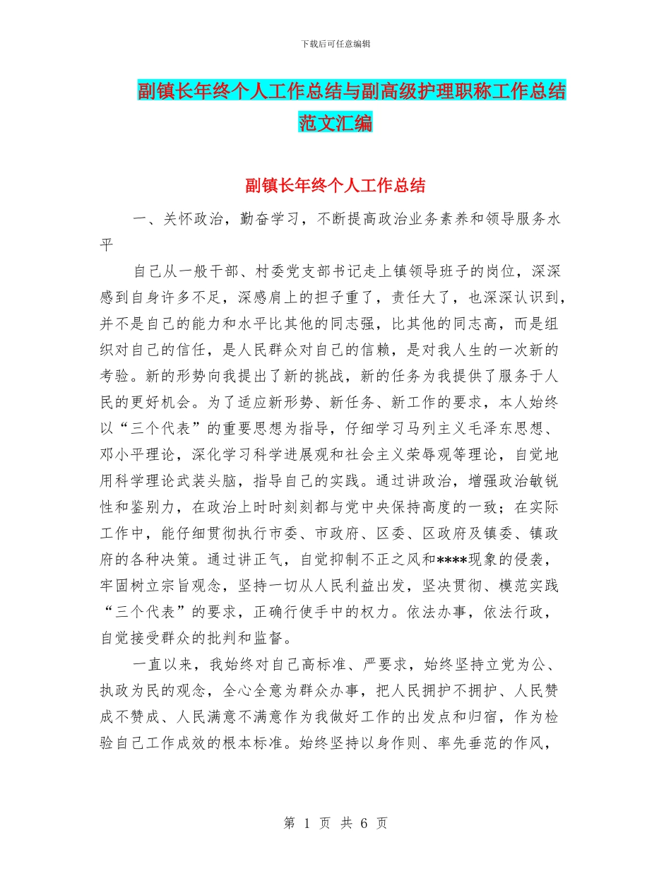 副镇长年终个人工作总结与副高级护理职称工作总结范文汇编_第1页