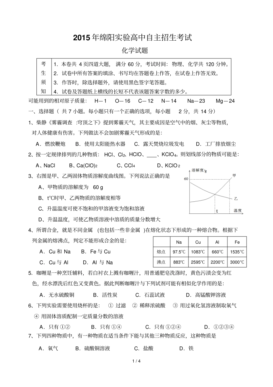 免费绵阳初升高自主招生化学试题免费_第1页
