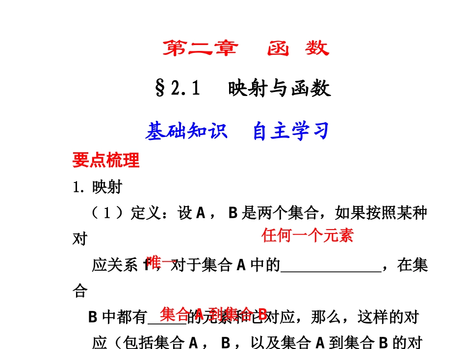 高三数学高考(理)总复习系列课件：2.1  映射与函数人教大纲版 高三数学高考(理)总复习系列课件： 函 数人教大纲版 高三数学高考(理)总复习系列课件： 函 数人教大纲版_第1页