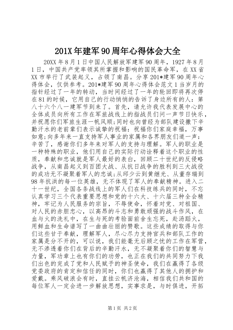 201X年建军90周年心得体会大全_第1页