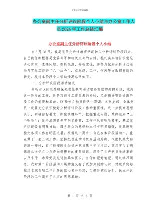 办公室副主任分析评议阶段个人小结与办公室工作人员2024年工作总结汇编