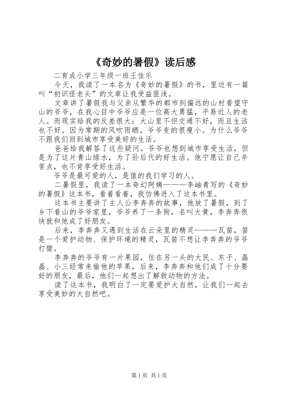 《奇妙的暑假》读后感_第1页