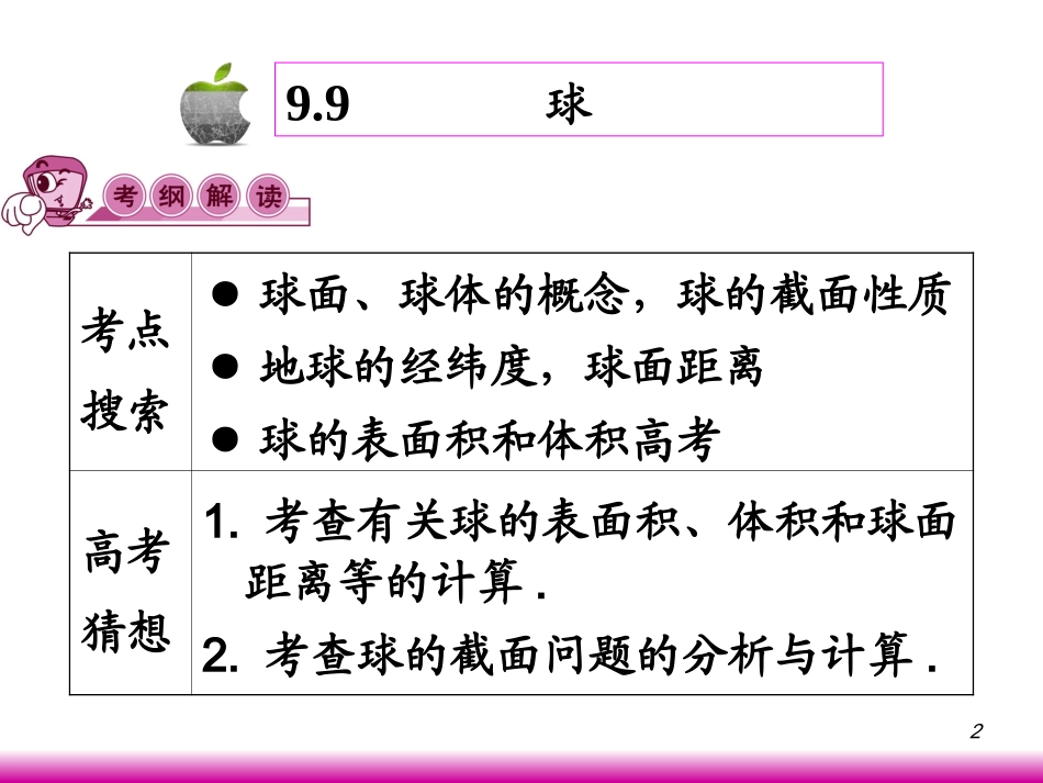 高考数学第一轮总复习9.11球课件 文 (广西专版) 课件_第2页