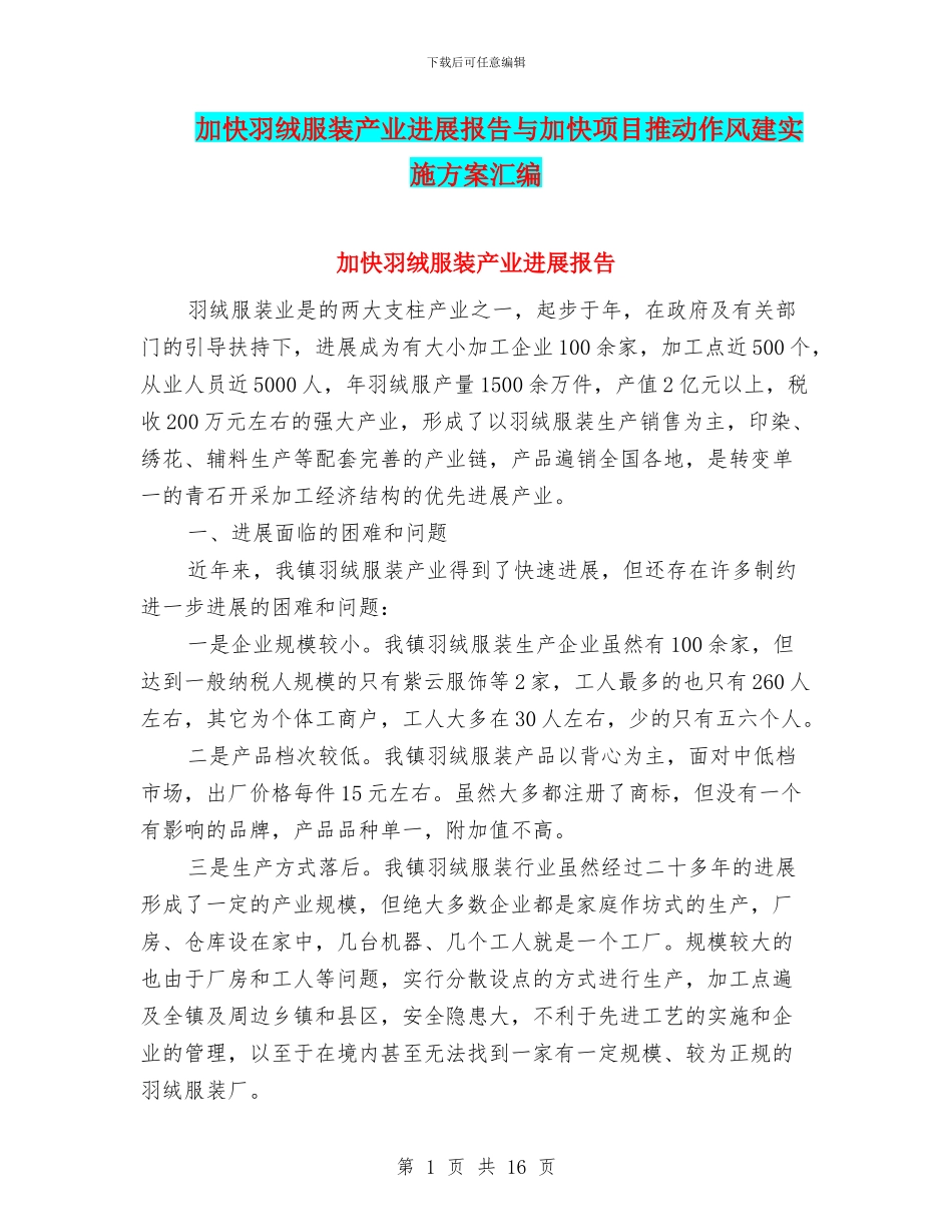 加快羽绒服装产业发展报告与加快项目推进作风建实施方案汇编_第1页