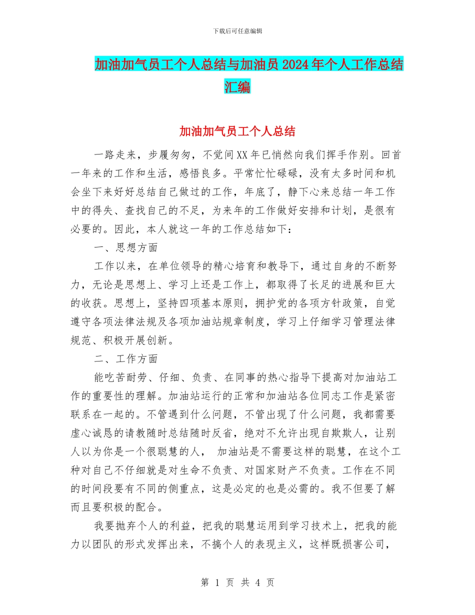 加油加气员工个人总结与加油员2024年个人工作总结汇编_第1页