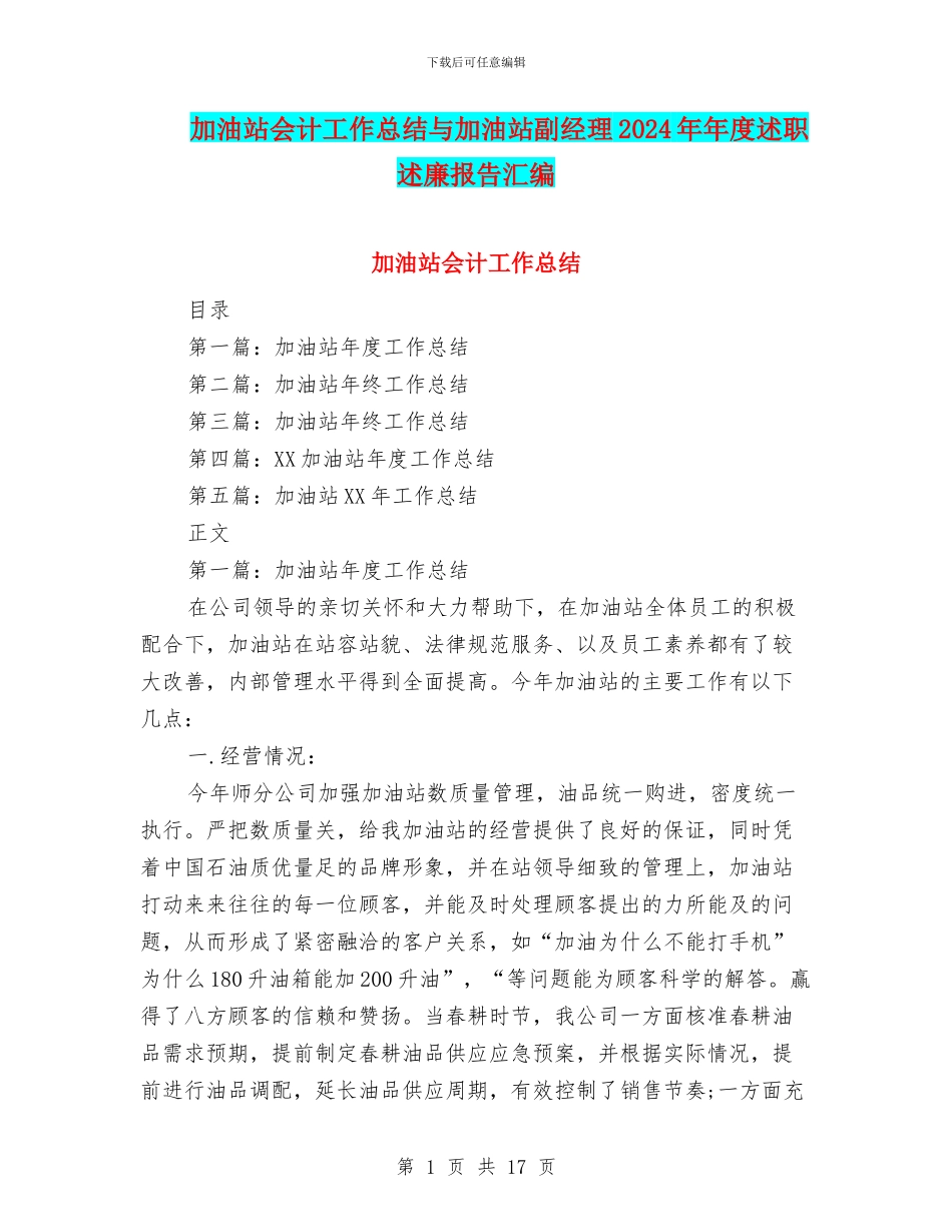 加油站会计工作总结与加油站副经理2024年年度述职述廉报告汇编_第1页