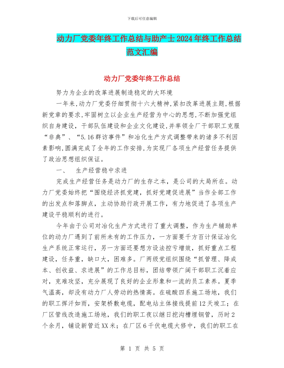 动力厂党委年终工作总结与助产士2024年终工作总结范文汇编_第1页