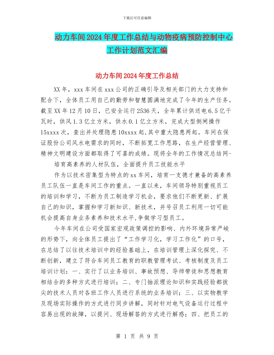 动力车间2024年度工作总结与动物疫病预防控制中心工作计划范文汇编_第1页