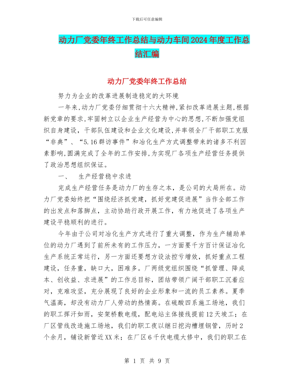 动力厂党委年终工作总结与动力车间2024年度工作总结汇编_第1页