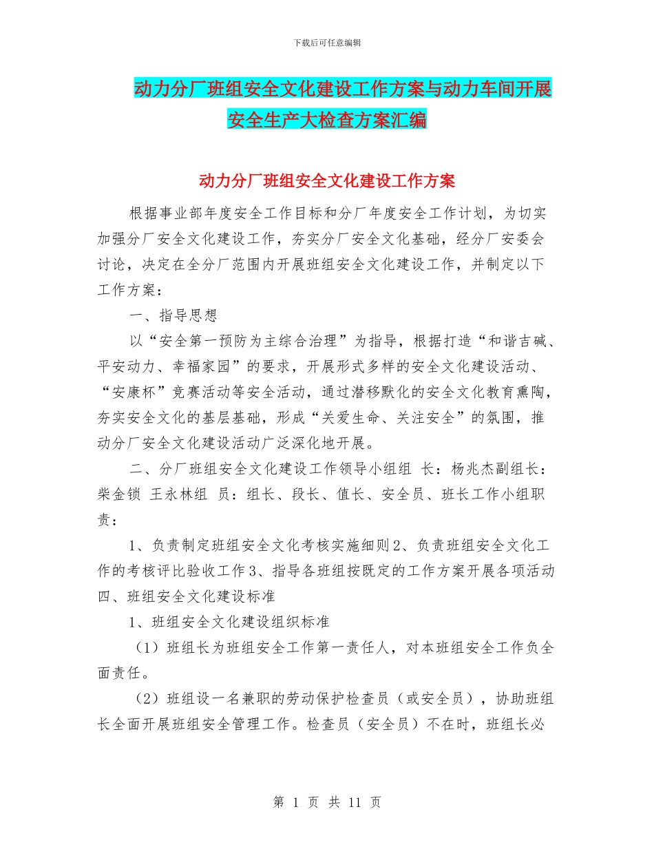 动力分厂班组安全文化建设工作方案与动力车间开展安全生产大检查方案汇编_第1页