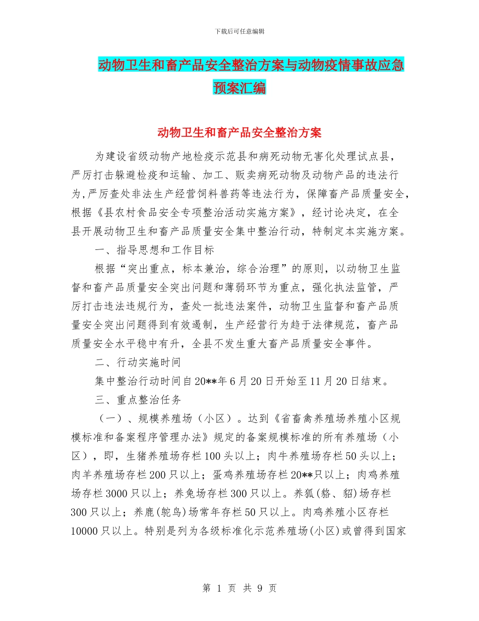 动物卫生和畜产品安全整治方案与动物疫情事故应急预案汇编_第1页