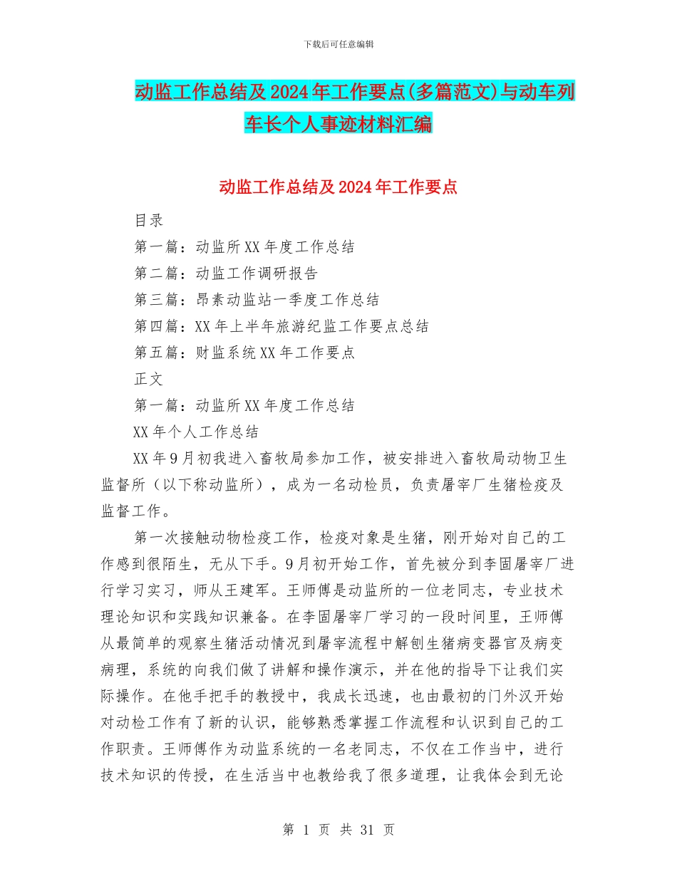 动监工作总结及2024年工作要点与动车列车长个人事迹材料汇编_第1页