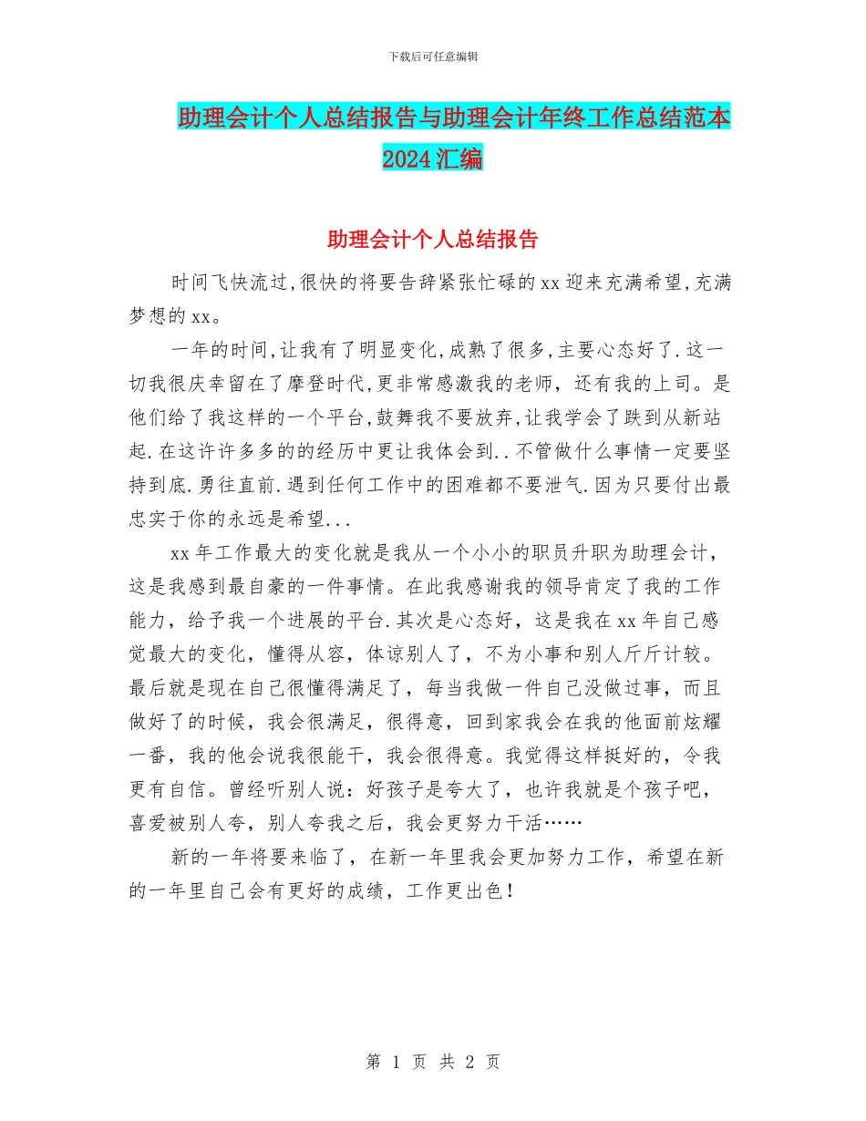 助理会计个人总结报告与助理会计年终工作总结范本2024汇编_第1页